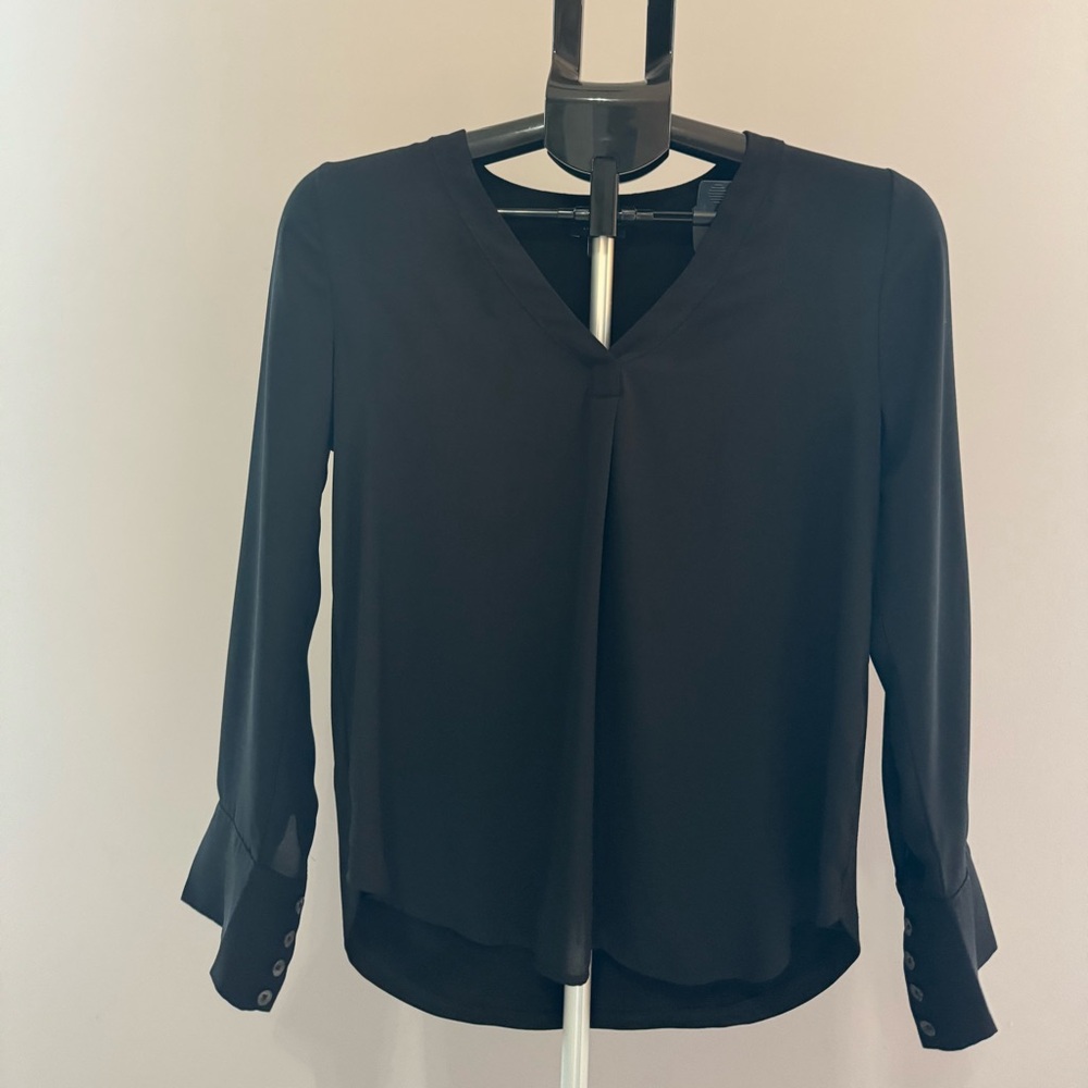 Ann Taylor Black Pleated Blouse with Mandarin Collar